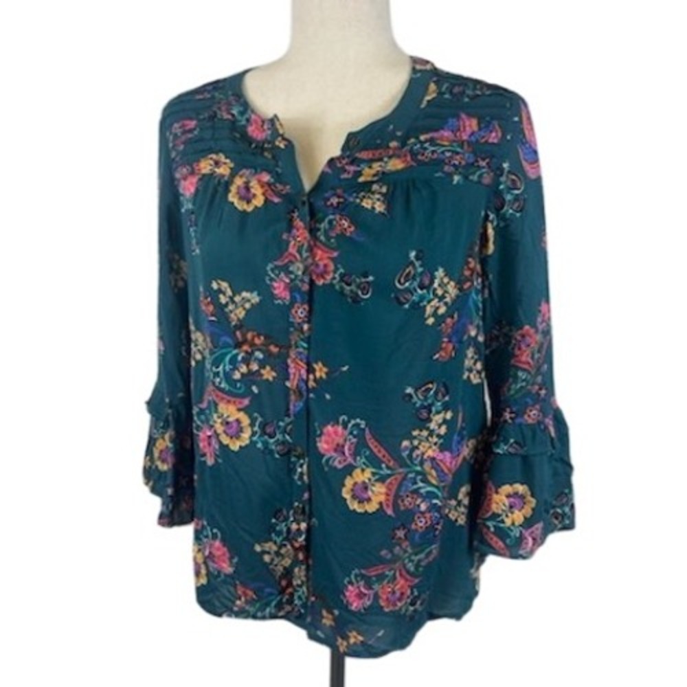 Maeve Anthropologie Floral Paisley Blouse Top‎ Teal Green Ruffle Cuff Size Small